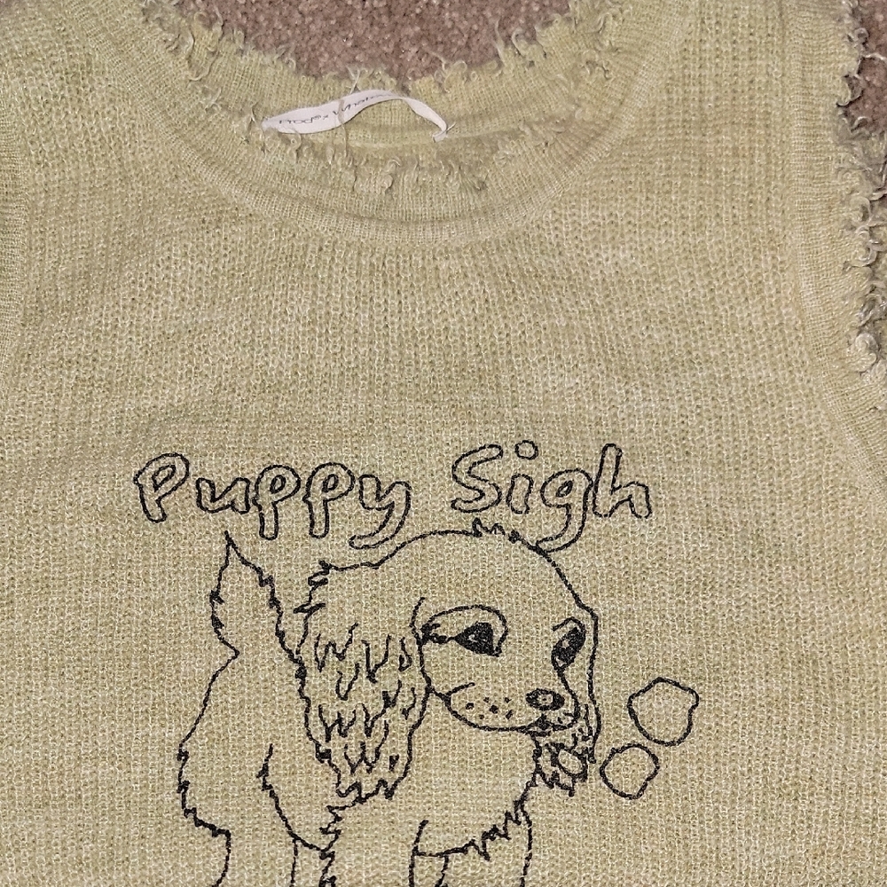 Distressed, Frayed Edge Puppy Sigh Greenish- Yellow Tank Top - Picture 9 of 9